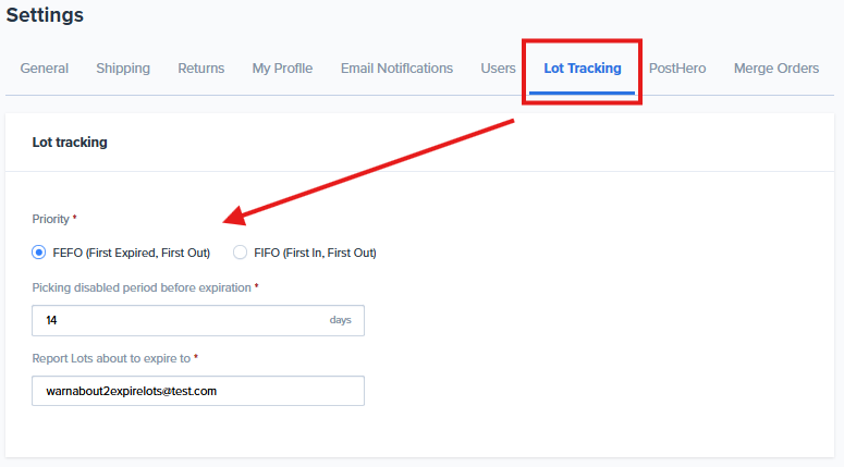 Lot tracking settings in the Portal