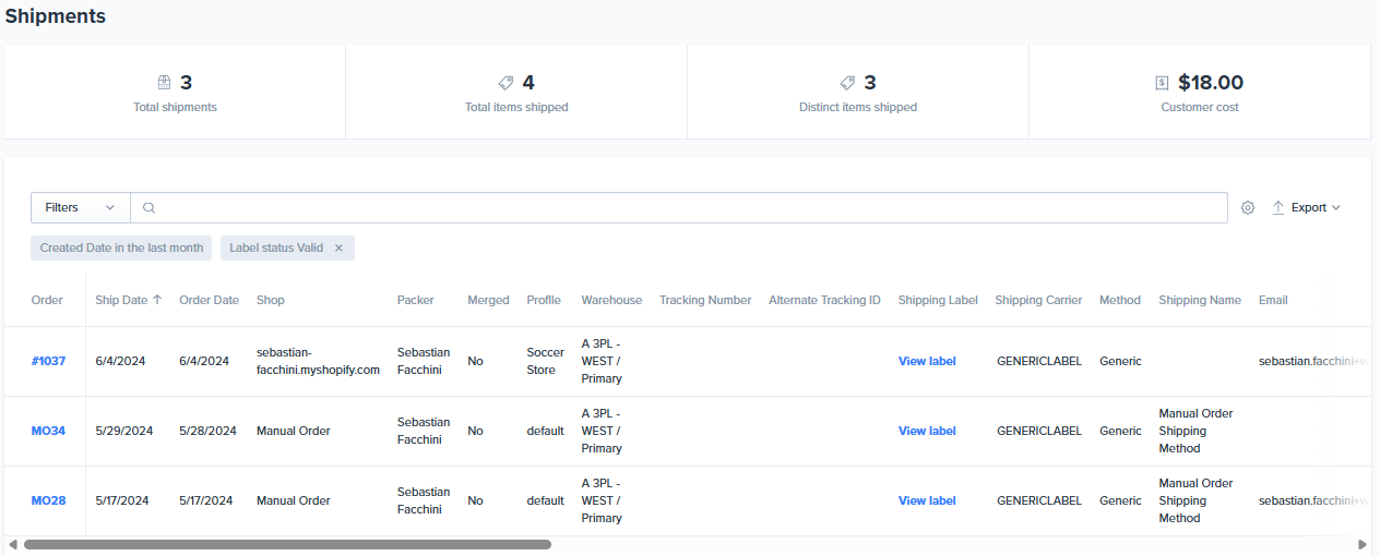 Shipments Report page