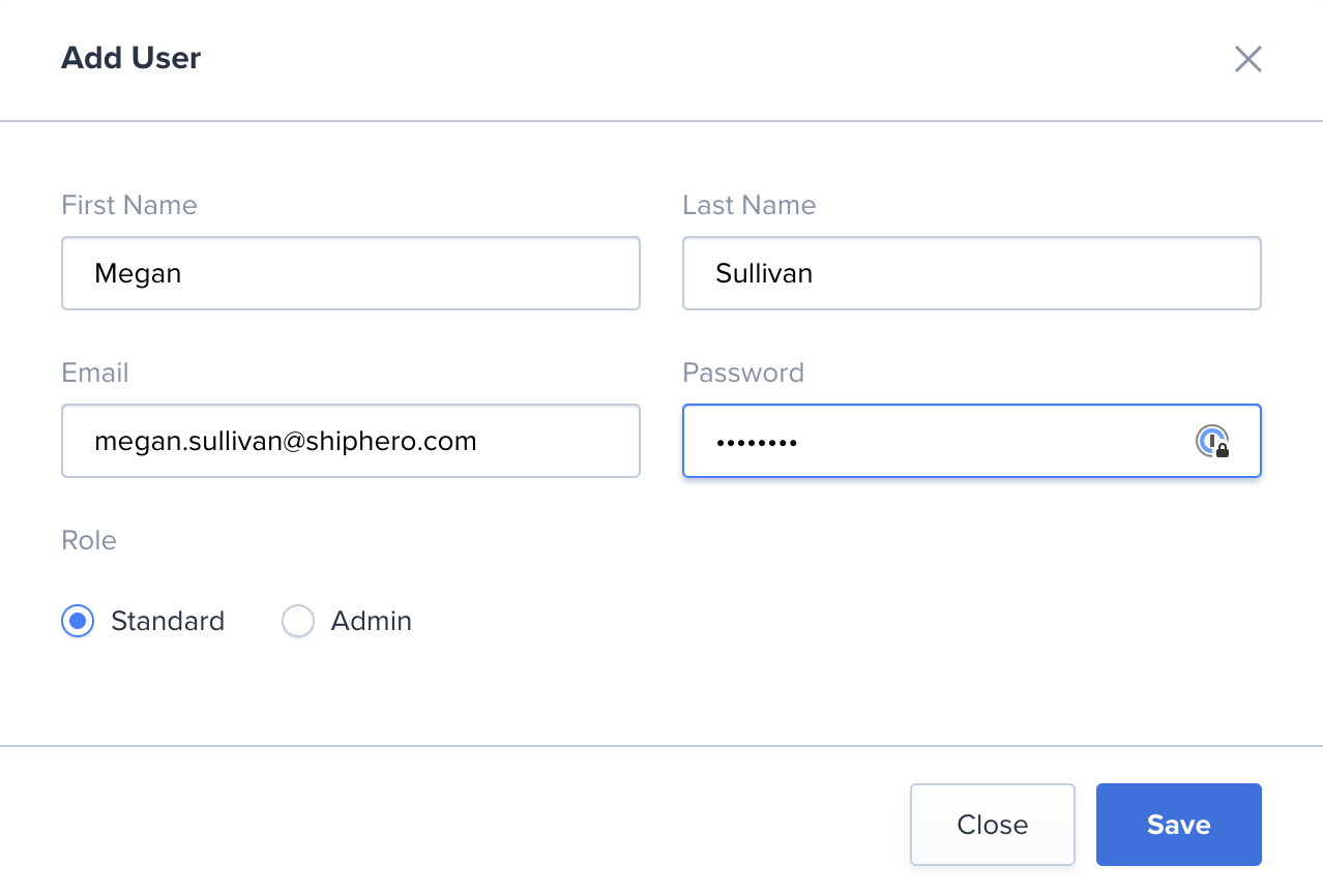 New user form with Admin and Standard options
