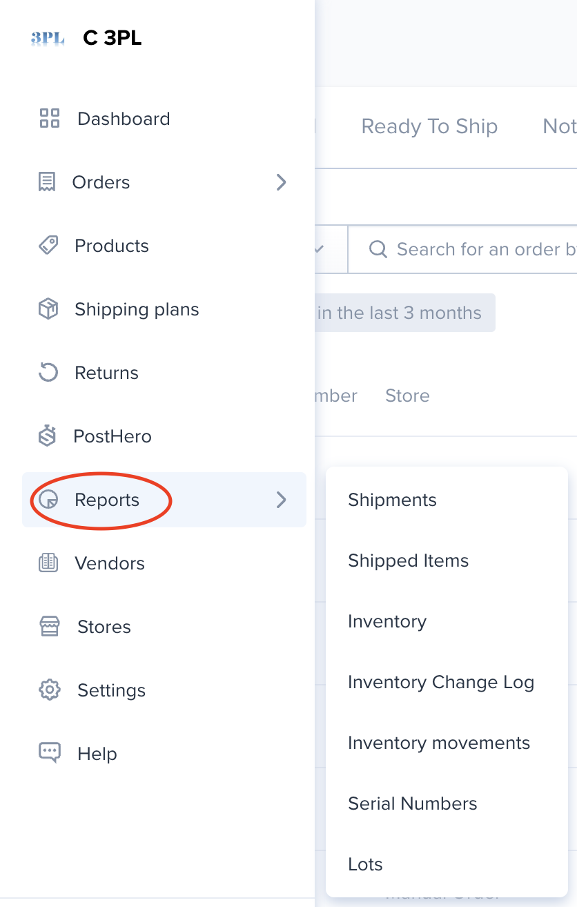 Orders menu showing Reports and Shipments options