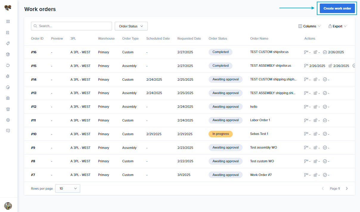 Create Work Order button on the work orders list