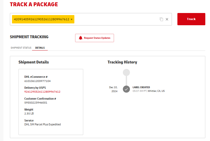 DHL tracking page example
