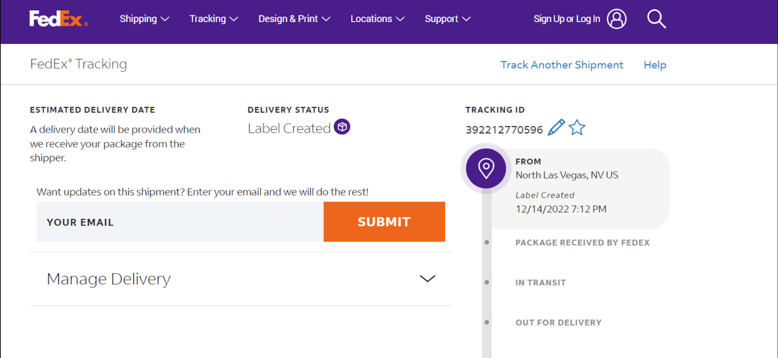 FedEx tracking page example