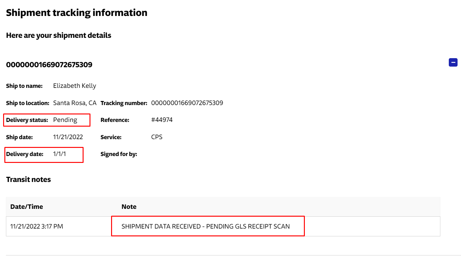 GLS tracking page example