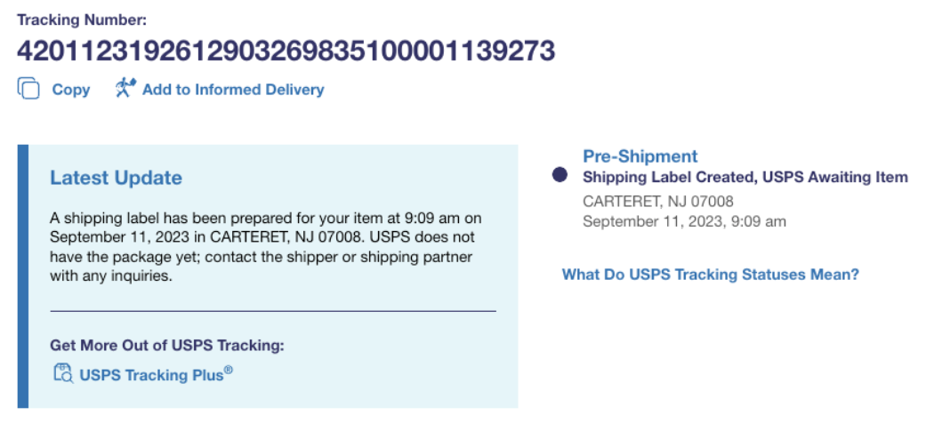 USPS/ACI tracking page example
