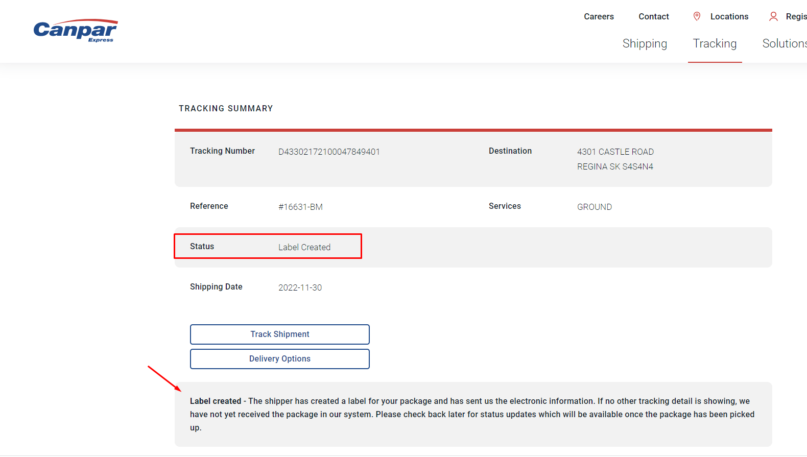 CanPar tracking page example