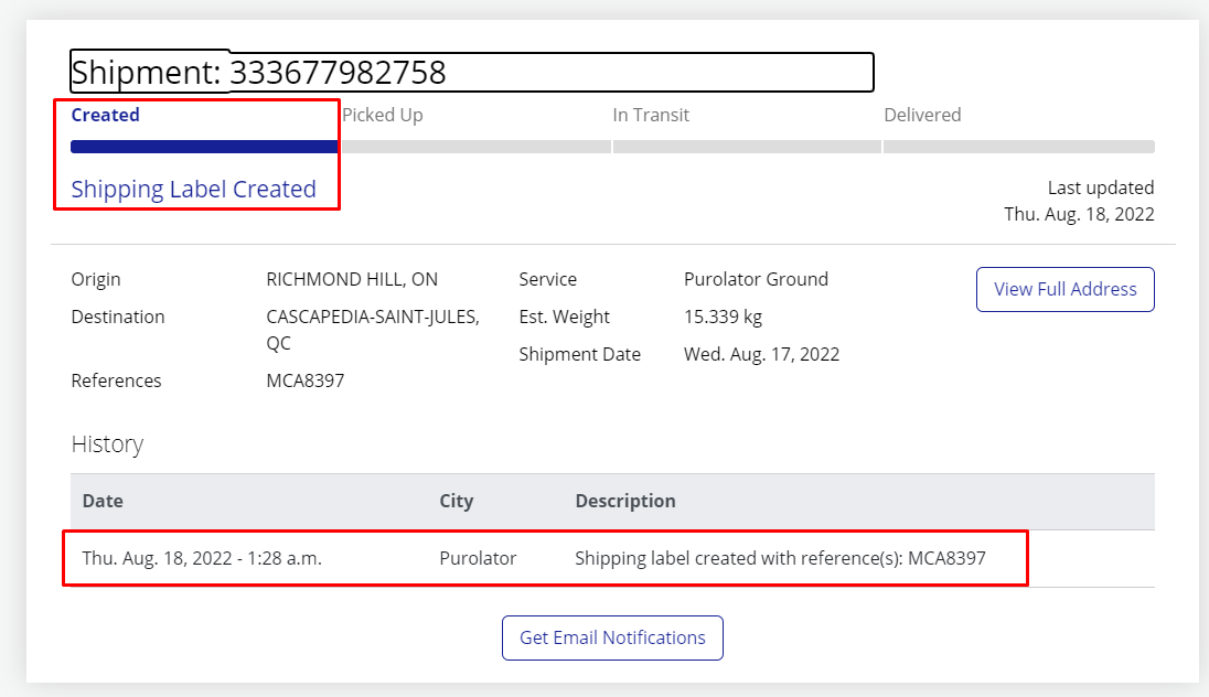 Purolator tracking page example